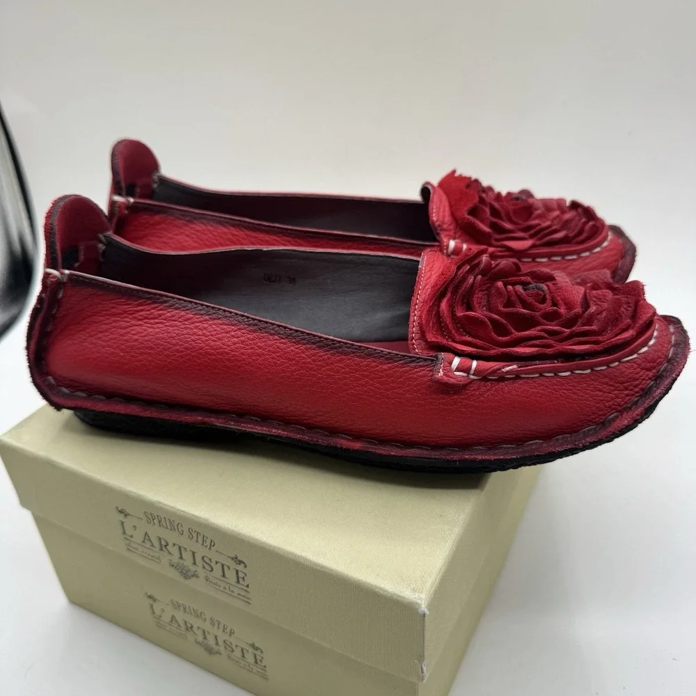 L' Artiste Spring Step Dezi Red Rose Loafers Sz 38 EU 8 US Leather Slip on Shoes